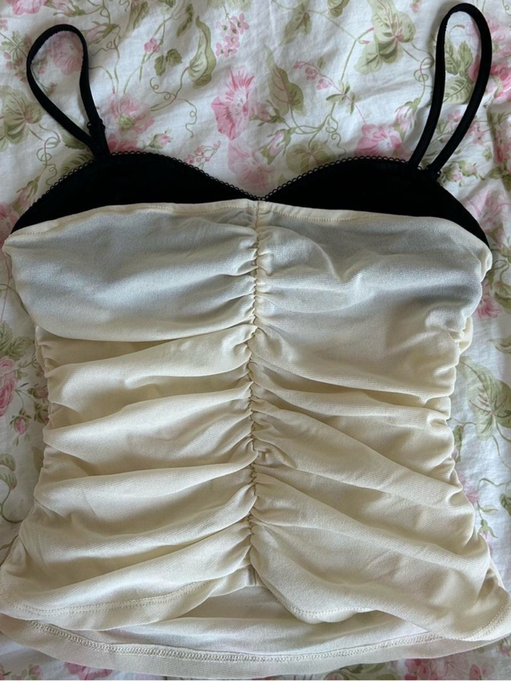 Women’s Cream Ruched Cami Tank with Black Trim